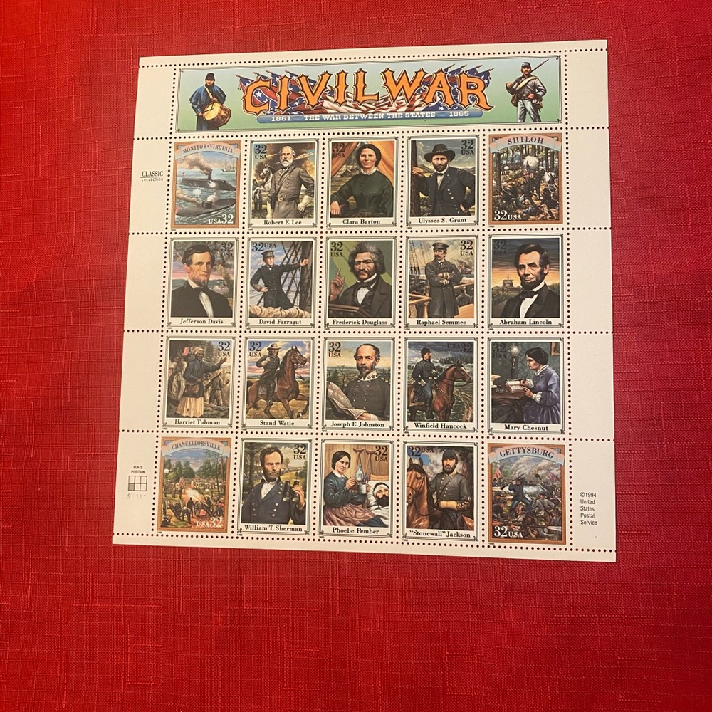 1995 Civil War Commemorative Sheet of 20 USPS Stamps (32 Cents each stamp) (NWT)